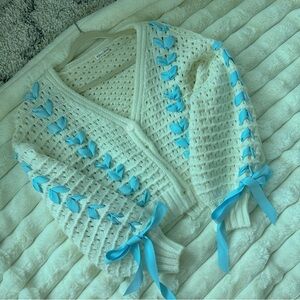 For Love & Lemons Laurel White & Blue Ribbon Coquette Cardigan Sweater S